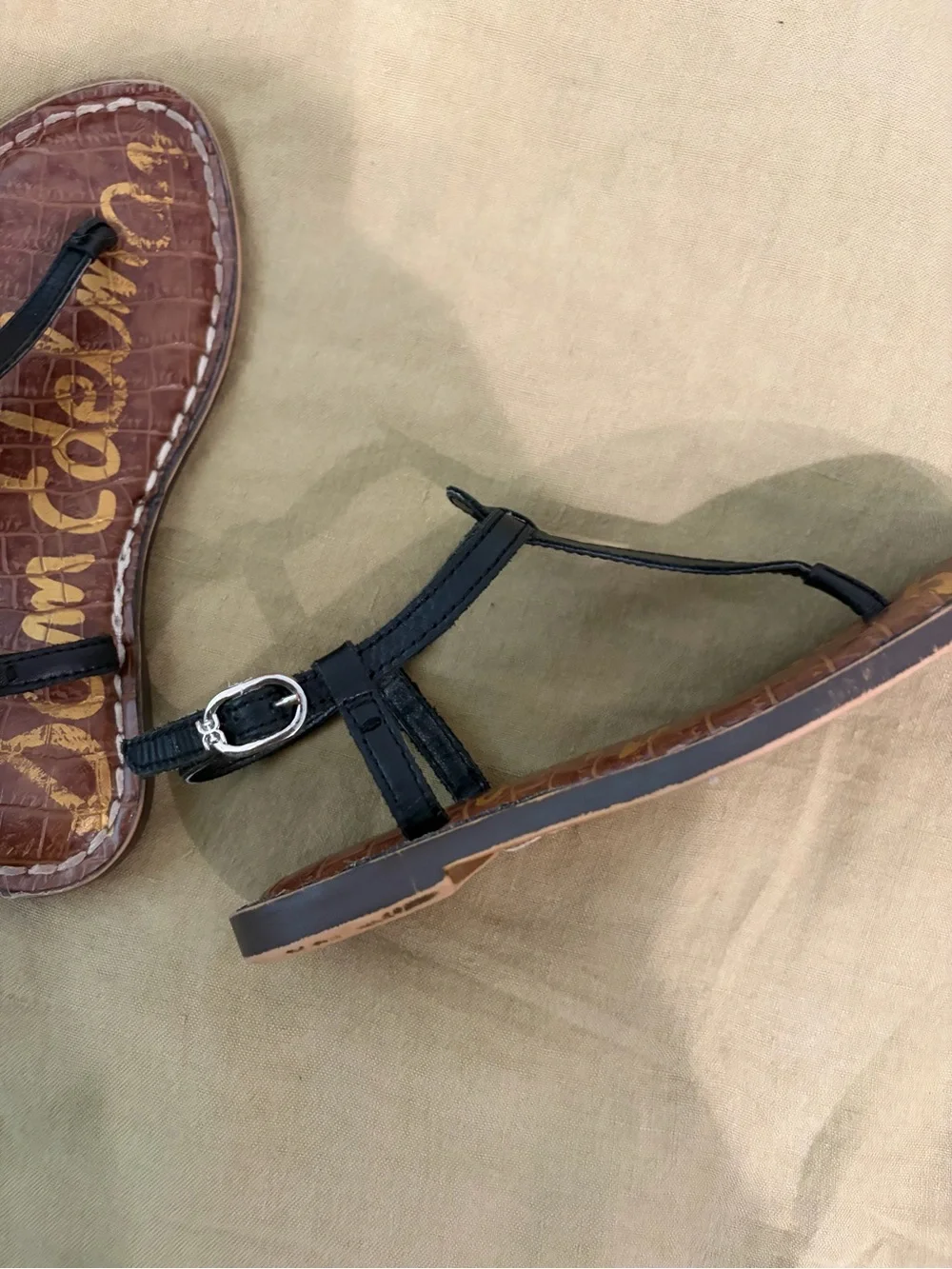 Sam Edelman Black Leather T-Strap Sandals with Brown Footbed